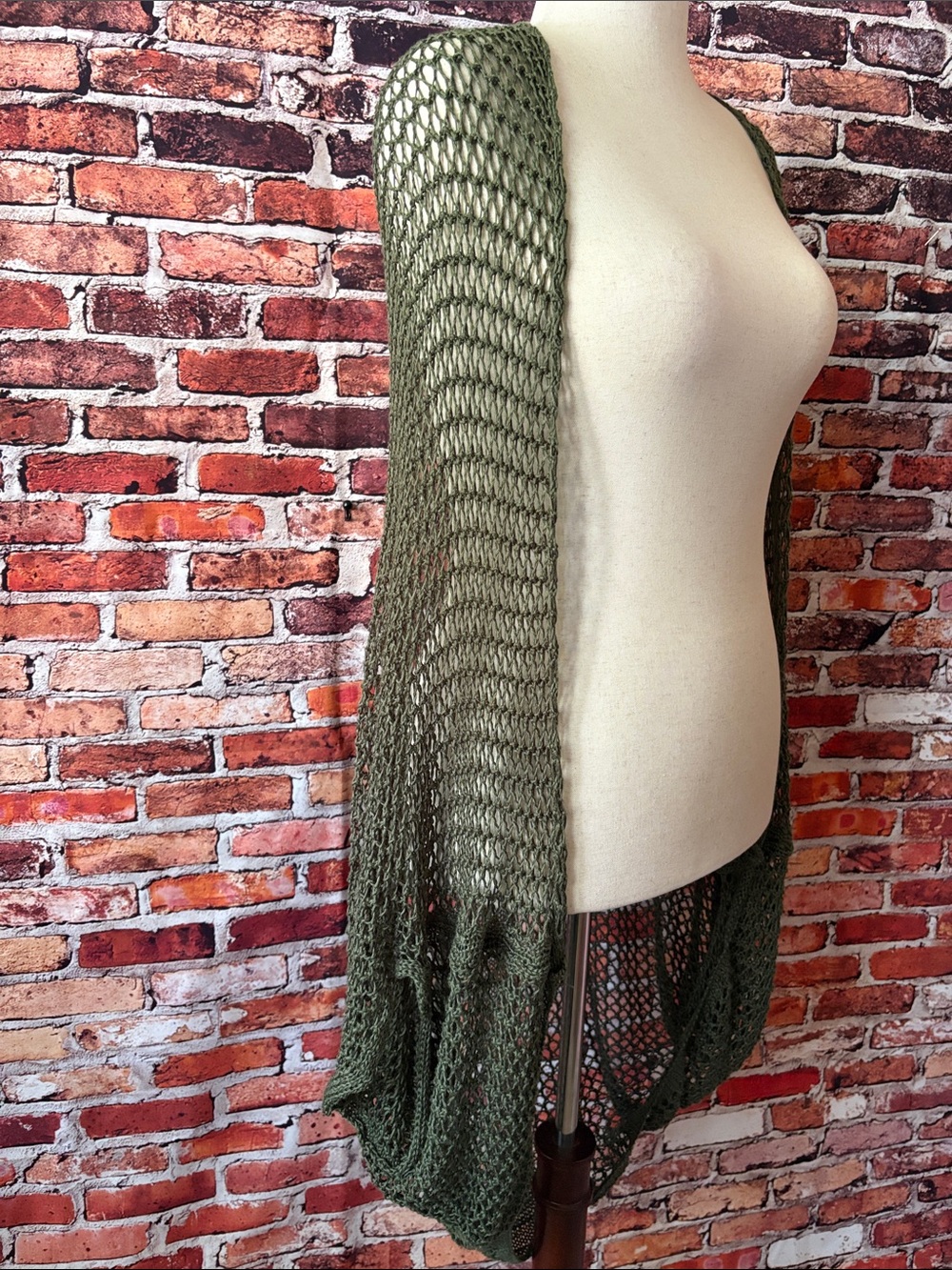 Francesca's Olive Open Weave Sweater Cardigan Shawl Slouchy Arm One Size - Picture 7 of 9